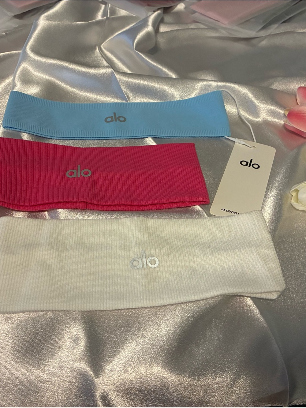 ALO Yoga Ribbed Headband Set in Sky Blue, Hot Pink & White
